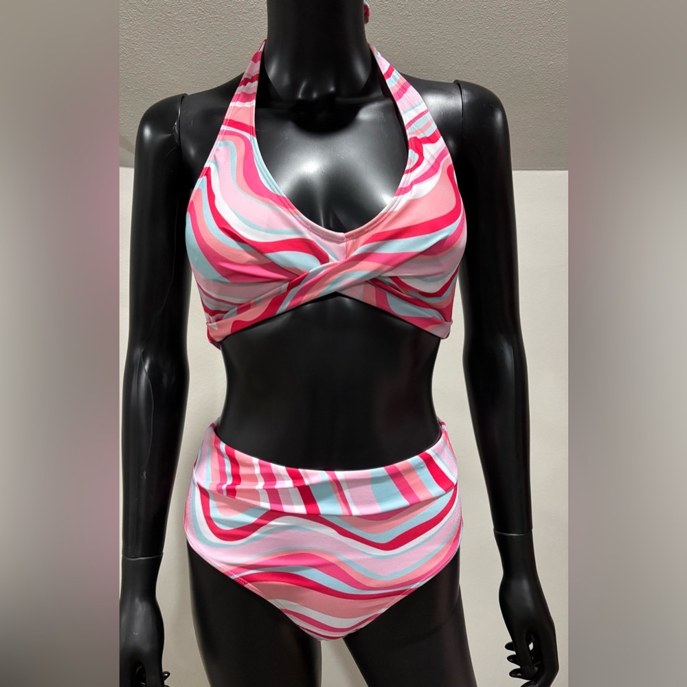 🔥Mod pink red tie halter bikini high waist swim suit small 2 4